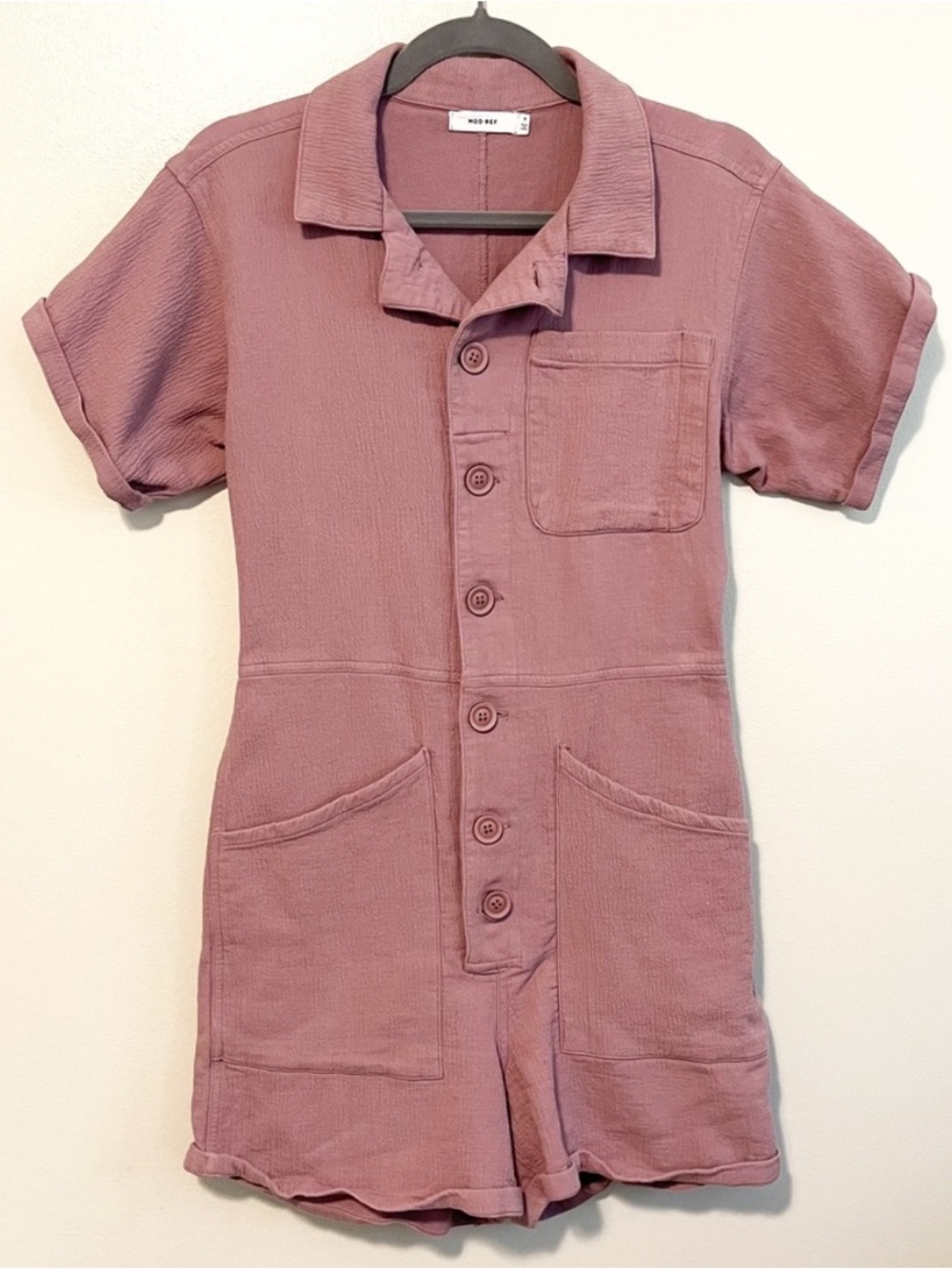 Mod Ref Mauve Button-Front Short Utility Romper - Picture 1 of 5